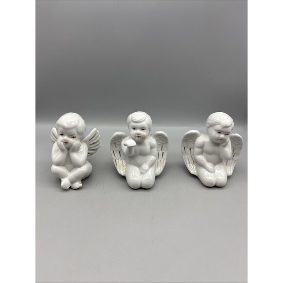 Vintage Ceramic Angels Set Of 3 White Glossy 4” Tall - Picture 1 of 13